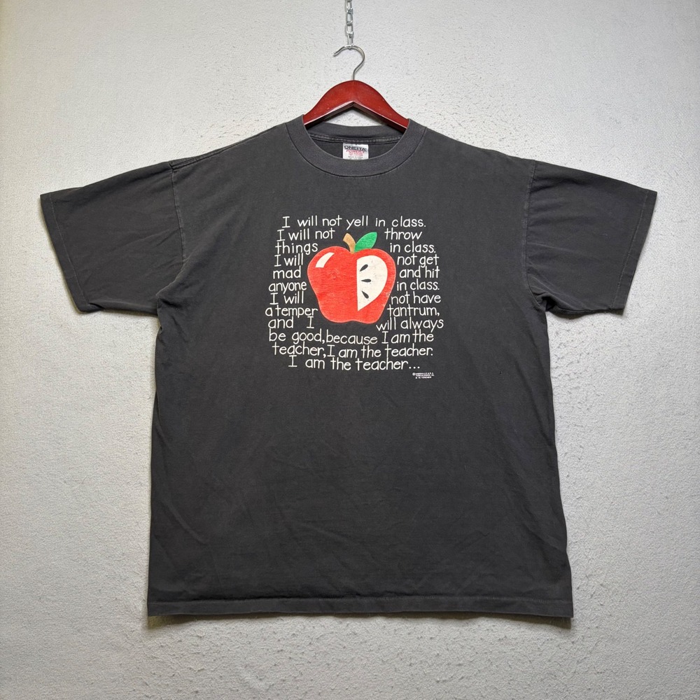 Oneita T-Shirt Mens XL Black Vintage 90s I Am The Teacher Apple Graphic Tee USA